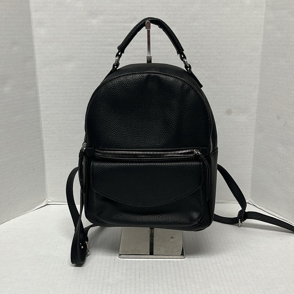 Black Faux Leather structured Mini Backpack Everyday Travel minimalistic casual - Picture 2 of 15
